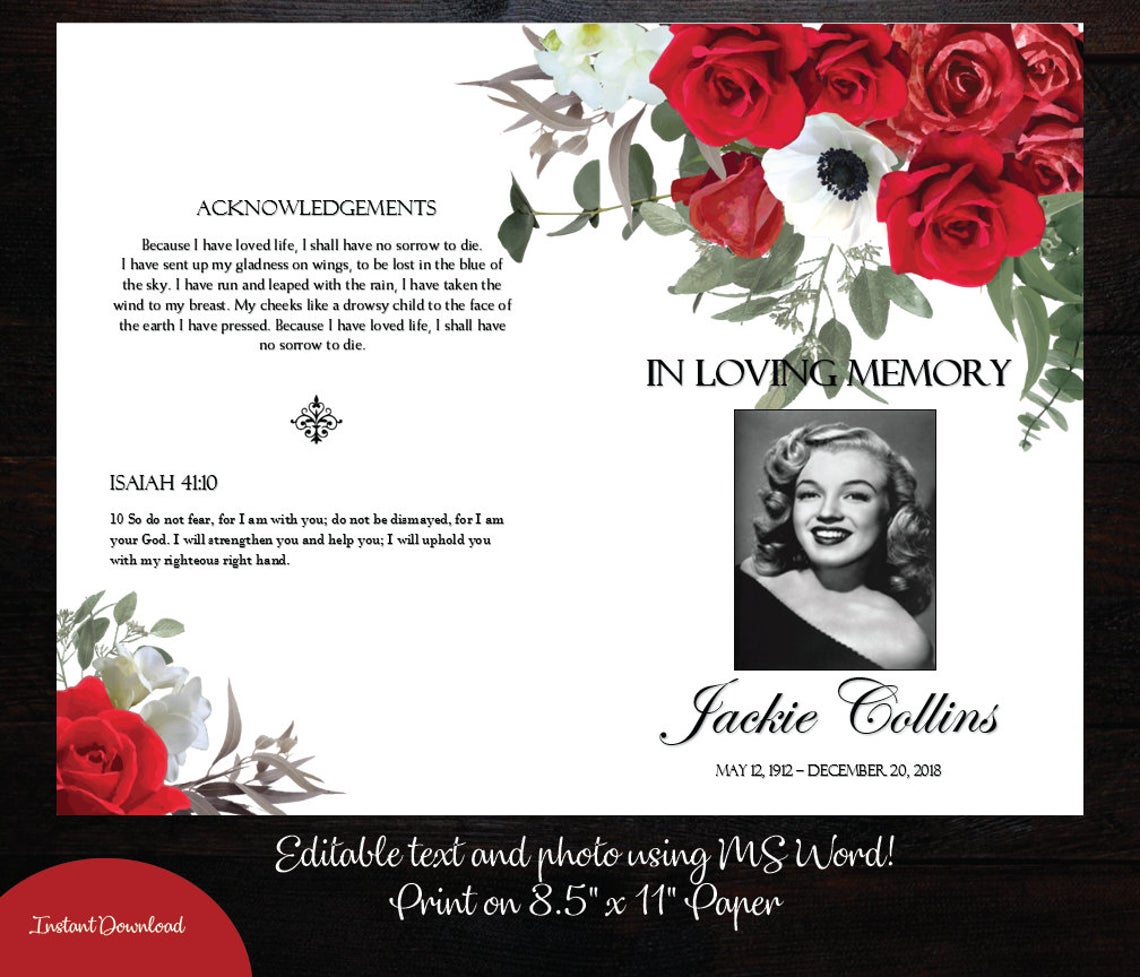 Red Roses Funeral Template Bi Fold Pages Funeral Design Studio