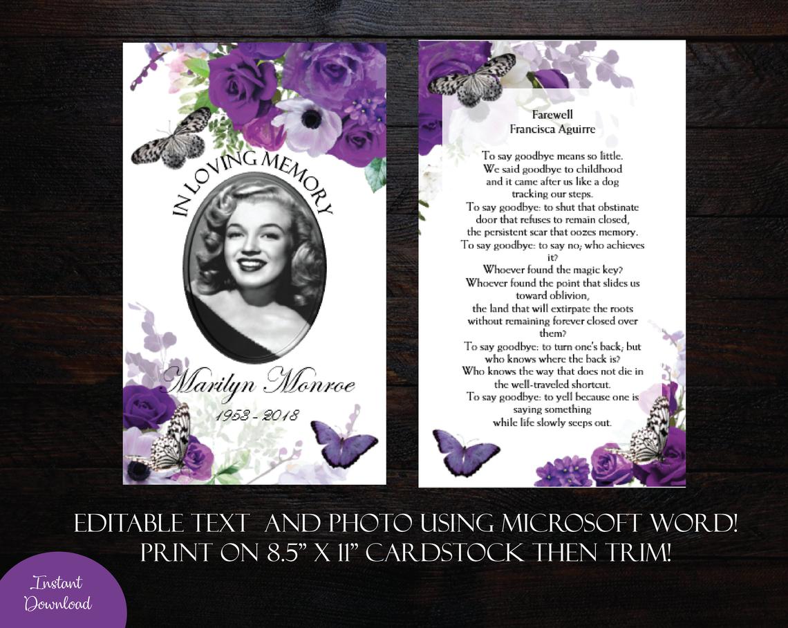 Purple Roses Butterfly Funeral Prayer Card Template 22″ x 22 With Prayer Card Template For Word
