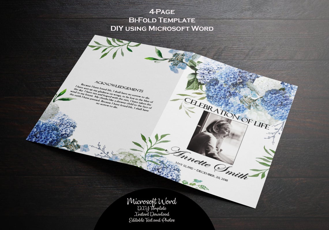 Blue Hydrangeas Funeral Program Template - Bi-Fold Template