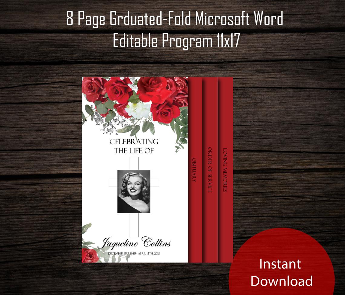 Red Roses & Cross Funeral Program Template - 11" x 17" - 8 Page Graduated-Fold Template - Microsoft Word Template