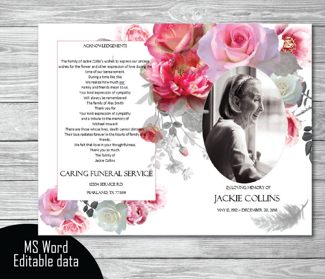  Pink Grey Roses Funeral Program Template - Bi-Fold Template