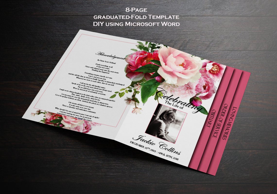 Pink Peony Funeral Program Template - 8 Page Graduated-Fold Template - Microsoft Word Template