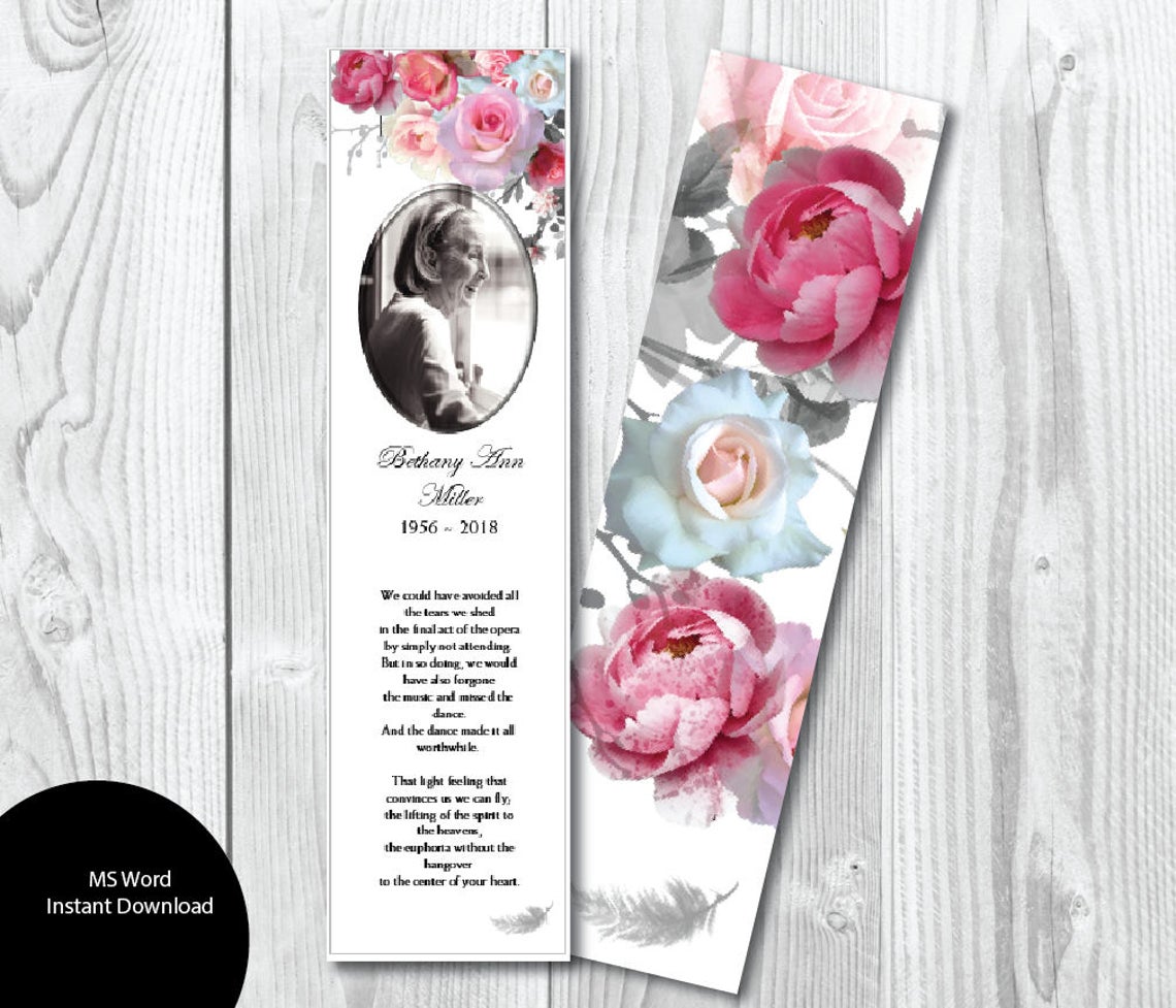 Pink Roses Funeral Bookmark Template 2" x 8" - Microsoft Word Template