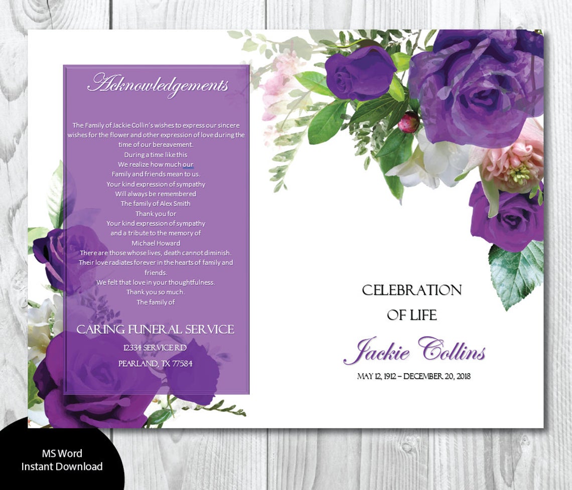 Purple Roses Funeral Program Template - Bi-Fold Template