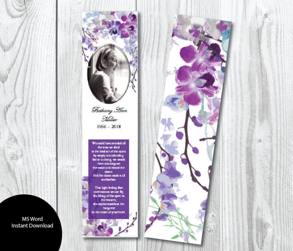 Purple Orchids Funeral Bookmark Template 2" x 8" - Microsoft Word Template