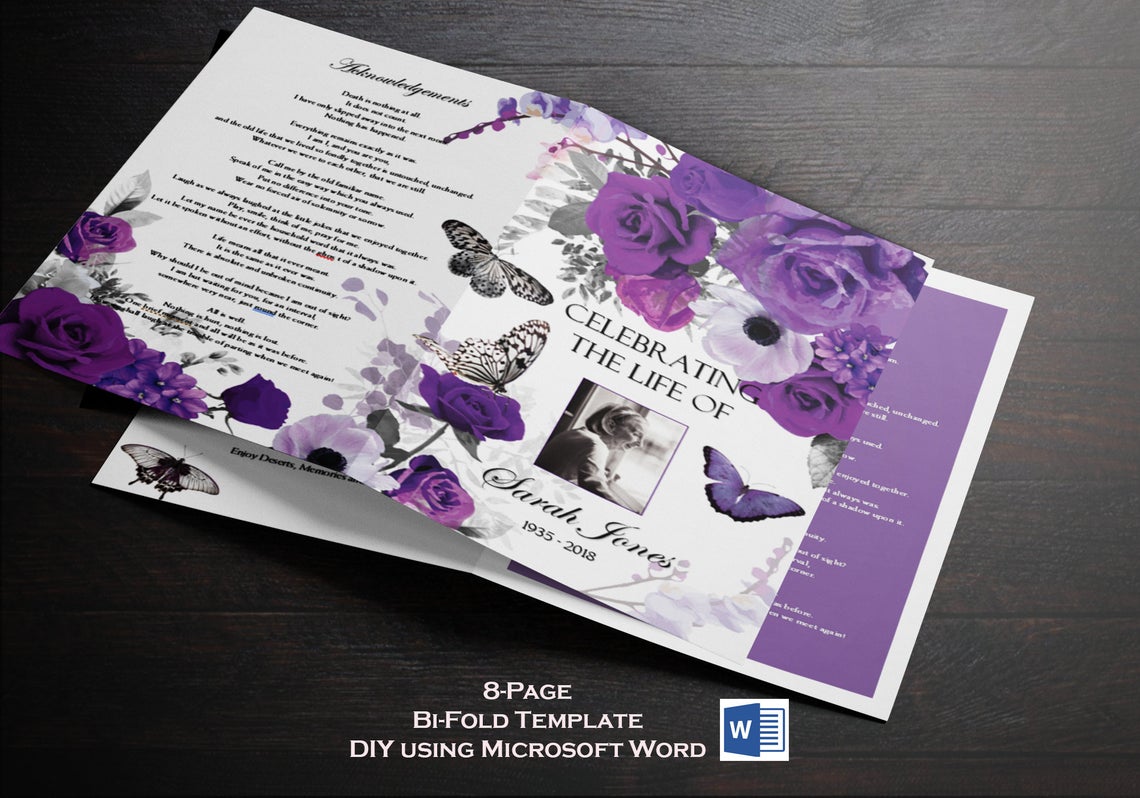 Purple Roses & Butterfly Funeral Program Template - 8 Page Bi-Fold Template