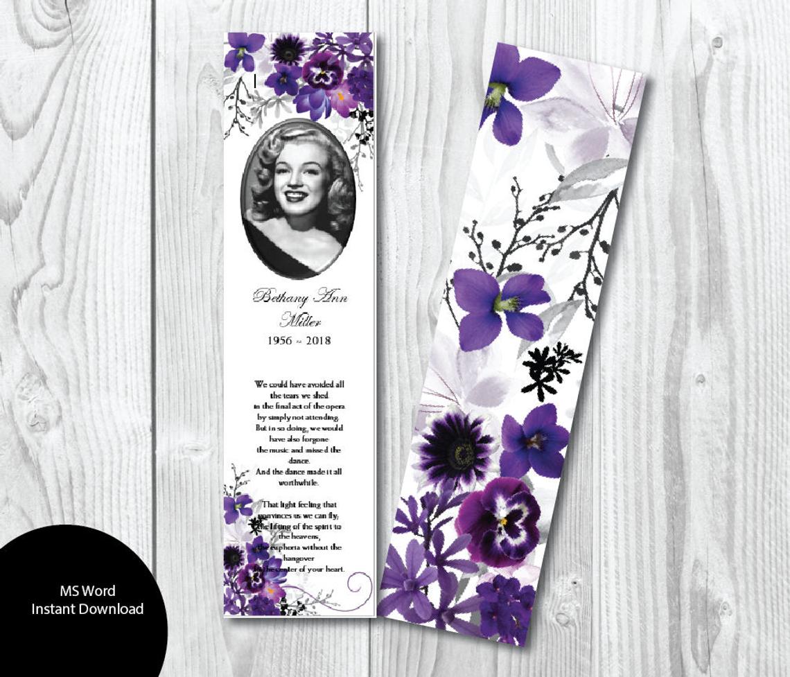 Violet Floral Funeral Bookmark Template 2" x 8" - Microsoft Word Template