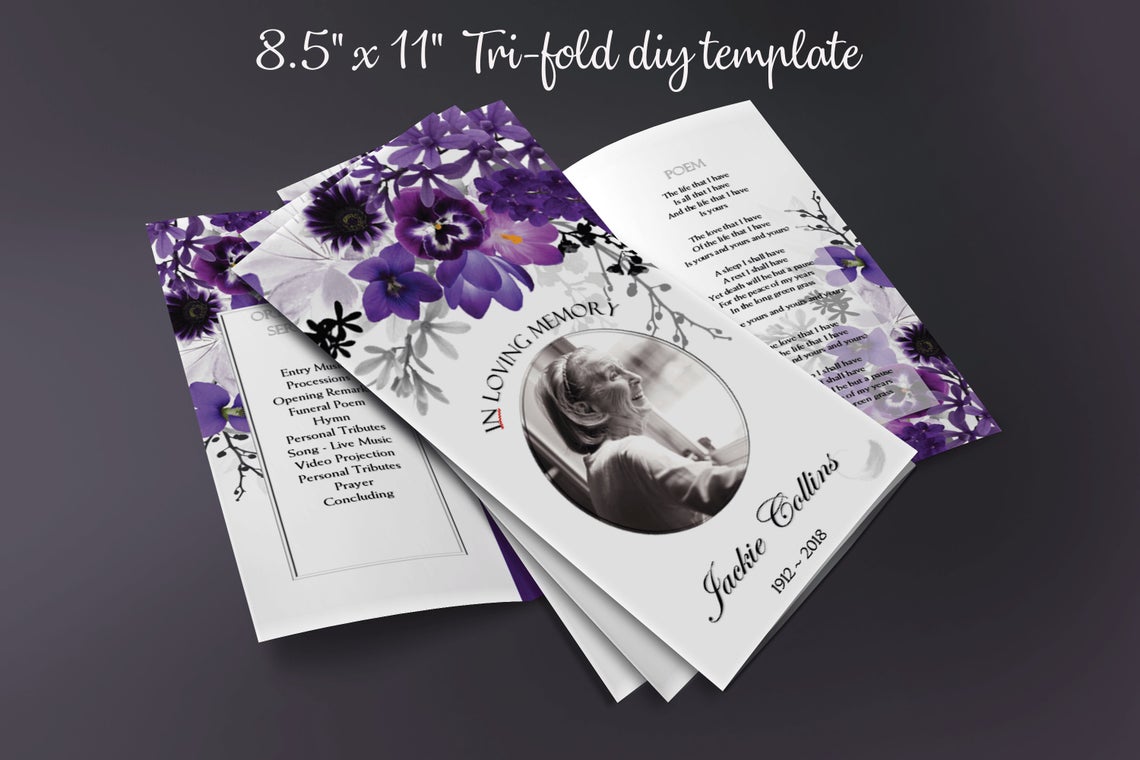 Violet Floral Funeral Program Template - Tri-Fold Letter Template - Microsoft Word Template