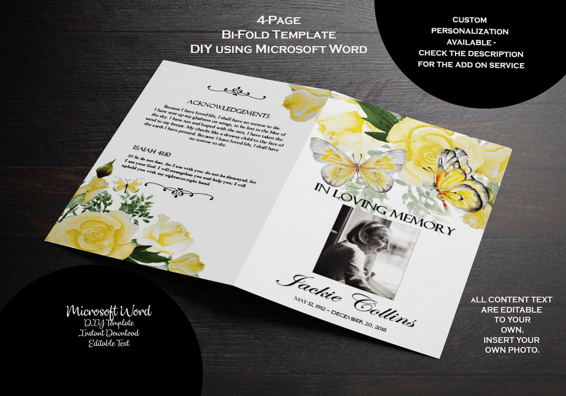 Watercolor Yellow Roses Butterfly Funeral Program Template - Bi-Fold Template