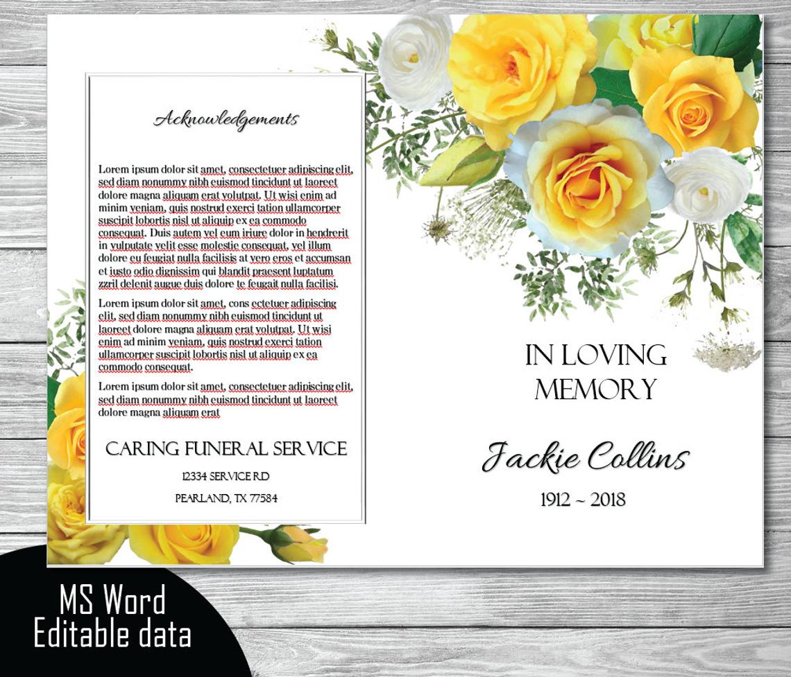 Yellow Roses Funeral Program Template - Bi-Fold Template