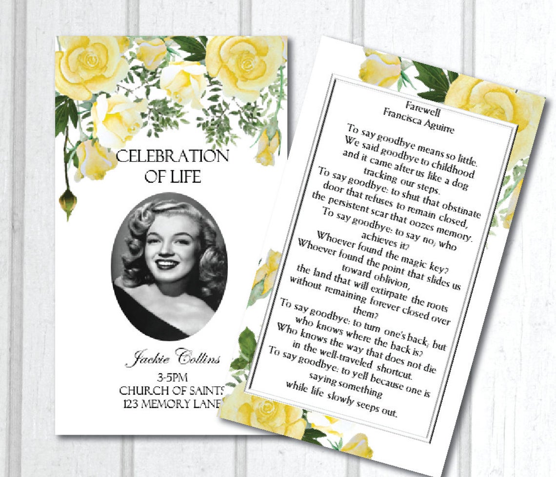 Yellow Roses Funeral Prayer Card Template 3" x 5" - Microsoft Word Template