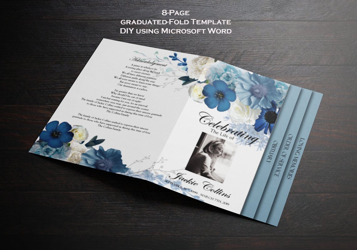Blue Flowers Funeral Program Template - 8 Page Graduated-Fold Template - Microsoft Word Template