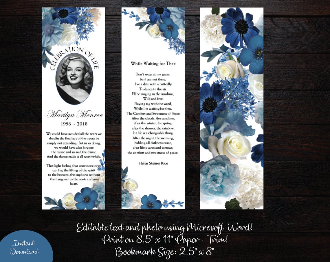 Blue Flowers Funeral Bookmark Template 2.5″ x 8″ Funeral Design Studio