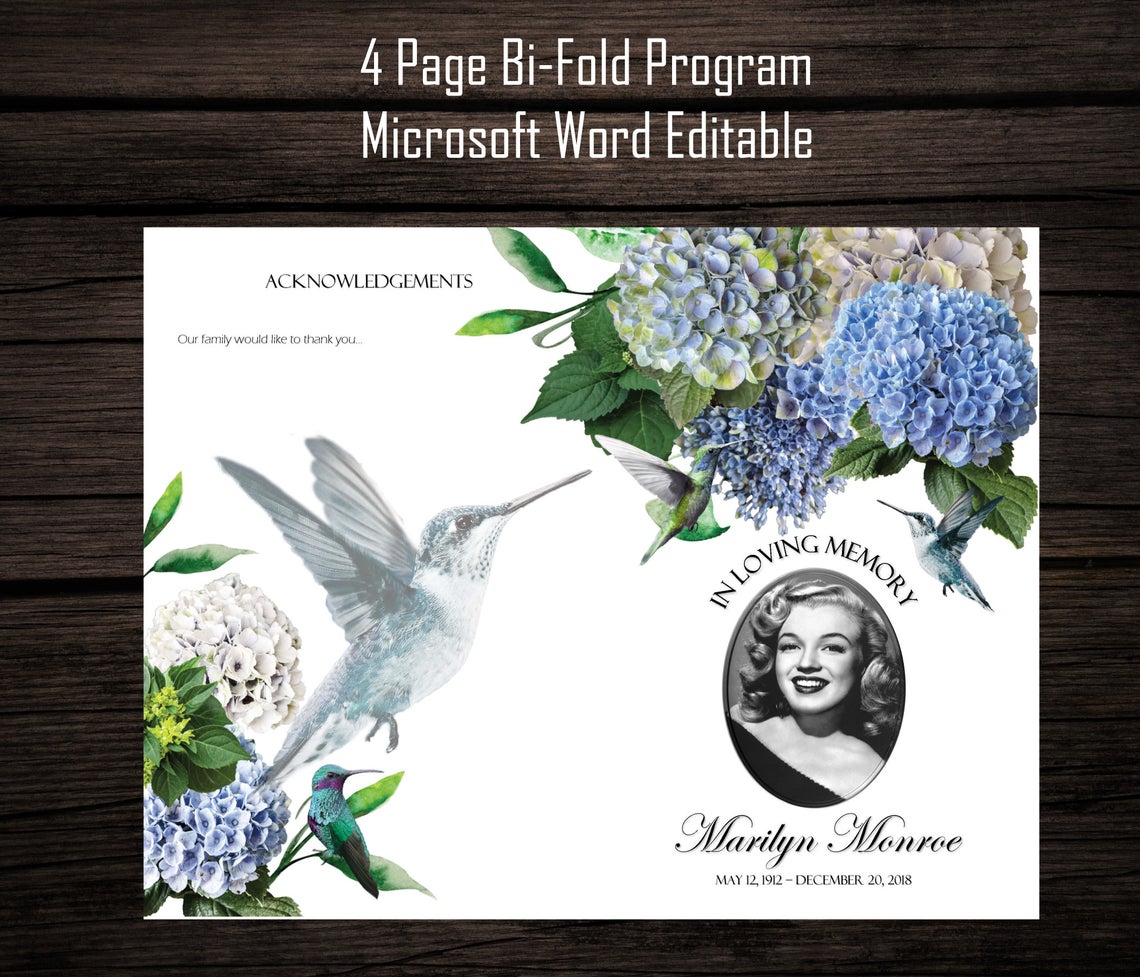 Blue Hydrangea Hummingbird Funeral Program Template - Bi-Fold Template - Microsoft Word