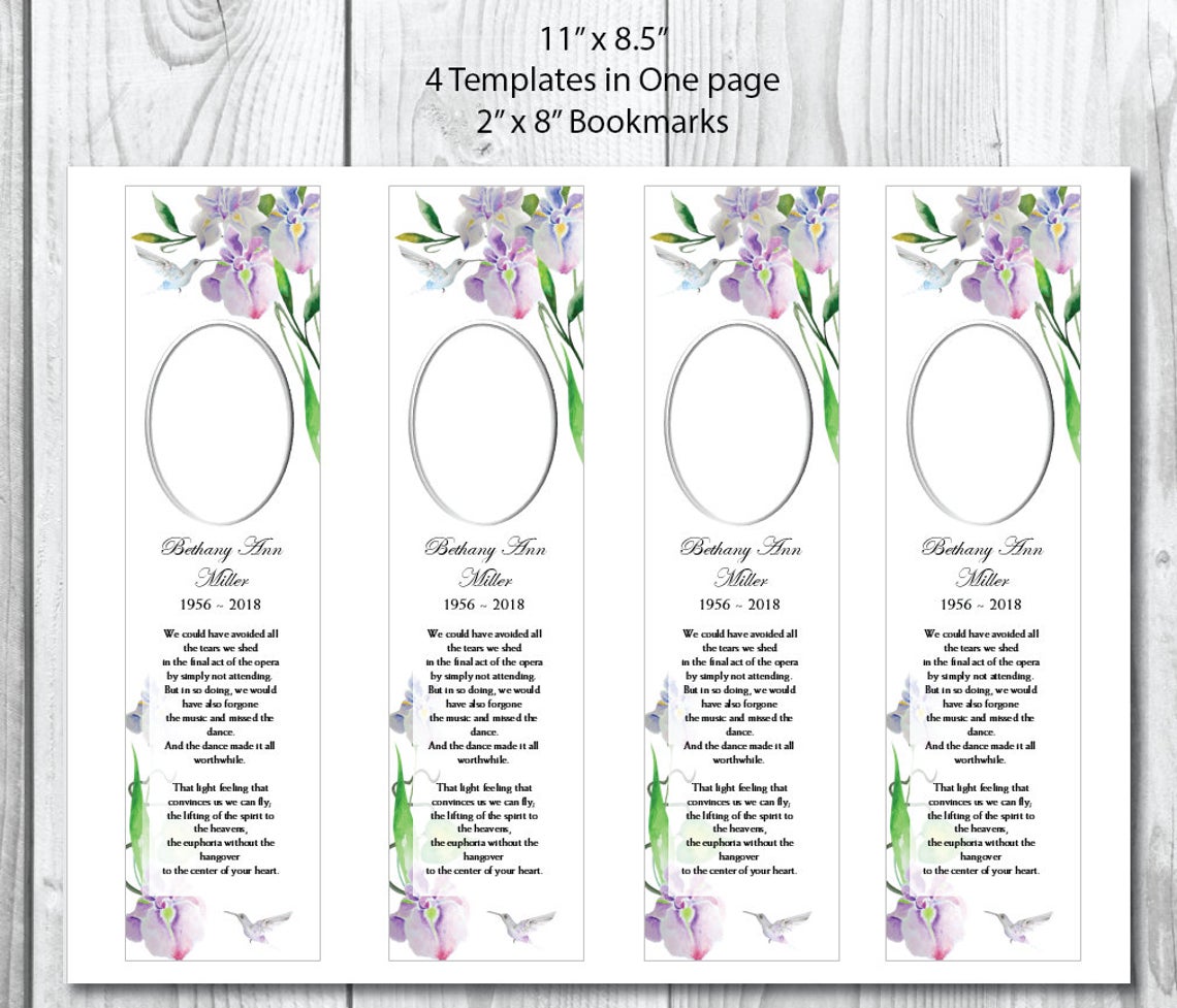 purple iris hummingbird funeral bookmark template 2 x 8
