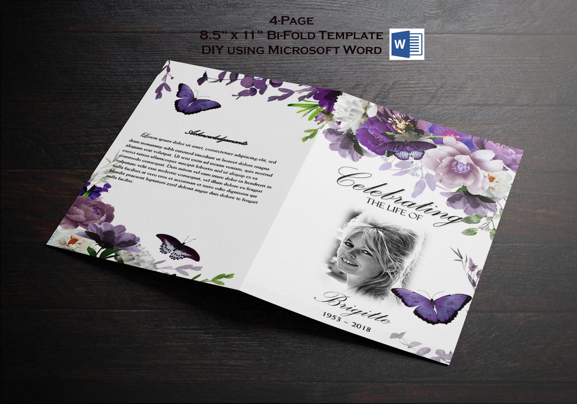 Lavender Peony & Butterflies Funeral Program Template - Bi-Fold Template - Microsoft Word