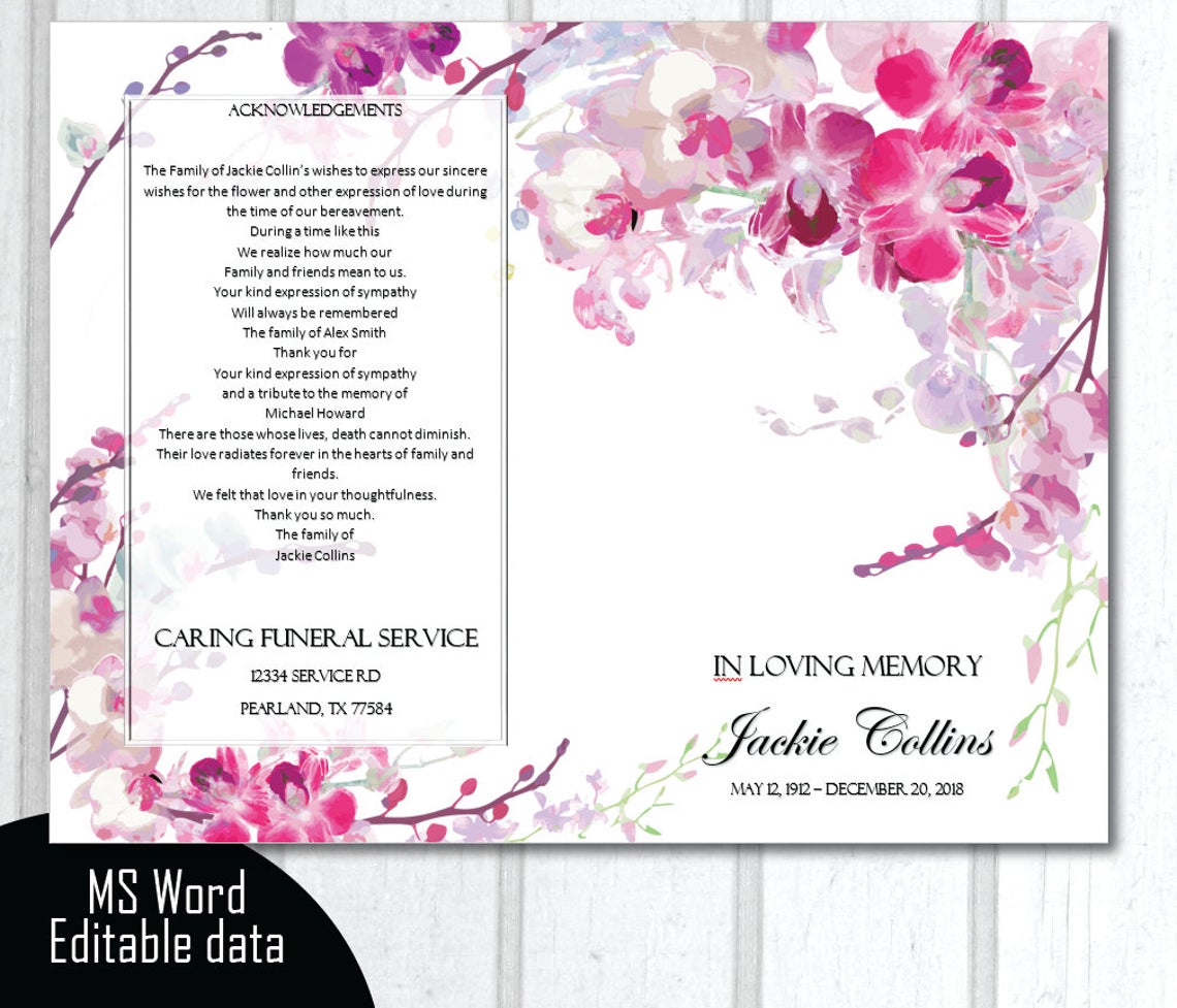 Pink Orchid Funeral Program Template - Bi-Fold Template