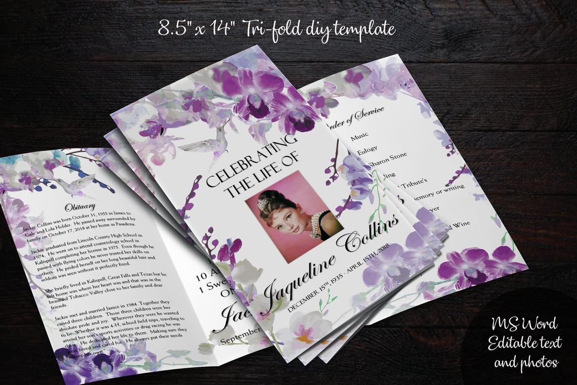 Purple Orchids Funeral Program Template - Tri-Fold Legal Size Template