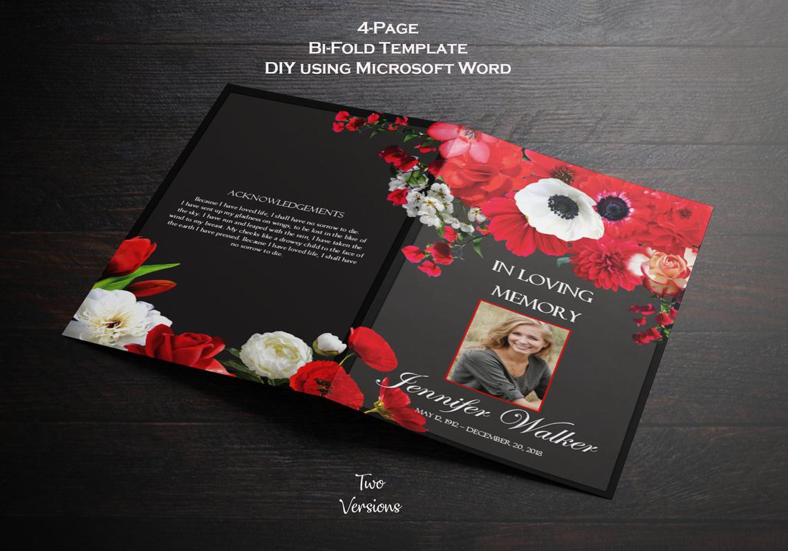 Red Floral Flowers Funeral Program Template - Bi-Fold Template