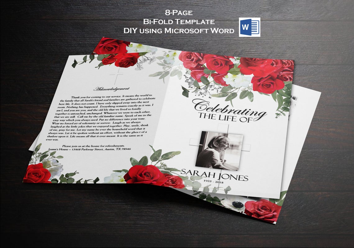 Red Roses & Cross Funeral Program Template - 8 Page Bi-Fold Template - Microsoft Word