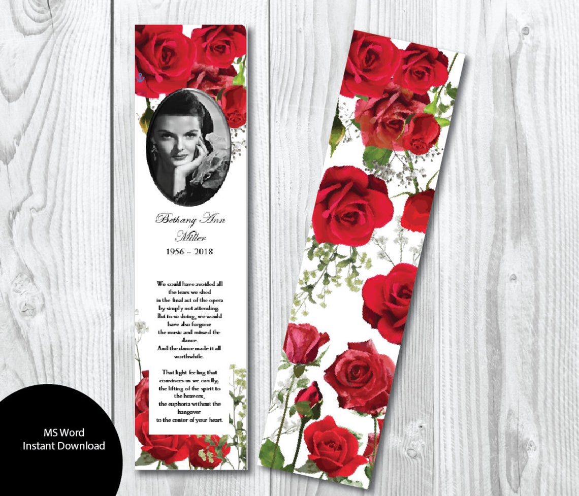 Red Roses Funeral Bookmark Template 2" x 8" - Microsoft Word Template