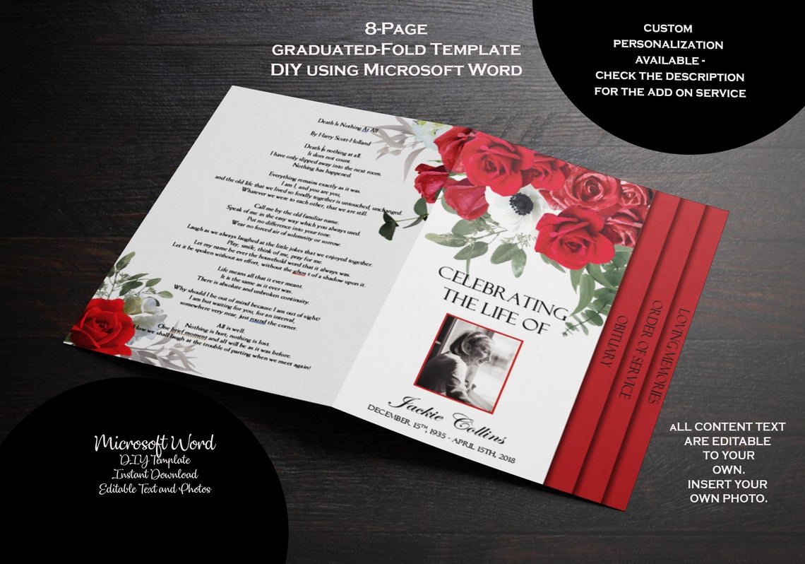 Red Roses Funeral Program Template 8 Page GraduatedFold Template