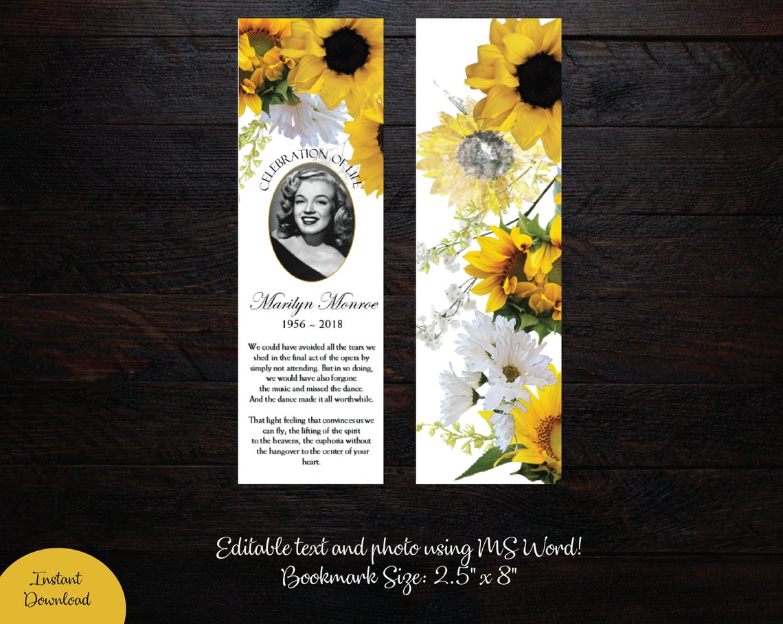 Sunflowers Funeral Bookmark Template 2.5" x 8" - Microsoft Word Template