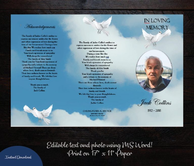 White Doves Clouds Tri Fold 11″ x 17″ Funeral Template Funeral